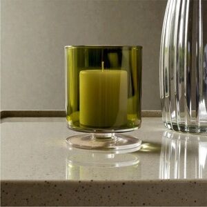 Crate&Barrel London Mini Hurricane Candle Holder Olive Green Glass Pedestal 5.5T
